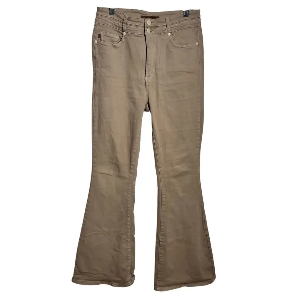 Judy Blue Garment Dyed Tummy Control Jean Pants Women 7/28 Tan Flare Leg‎ Boho
